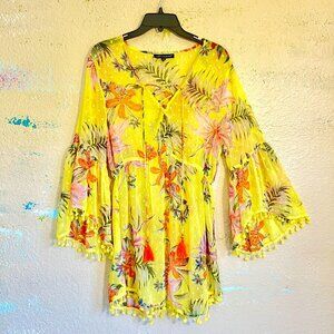NWOT Beach Cover-Up Dress Sheer Yellow Tropical Floral with Pom-Pom Trim, Size M